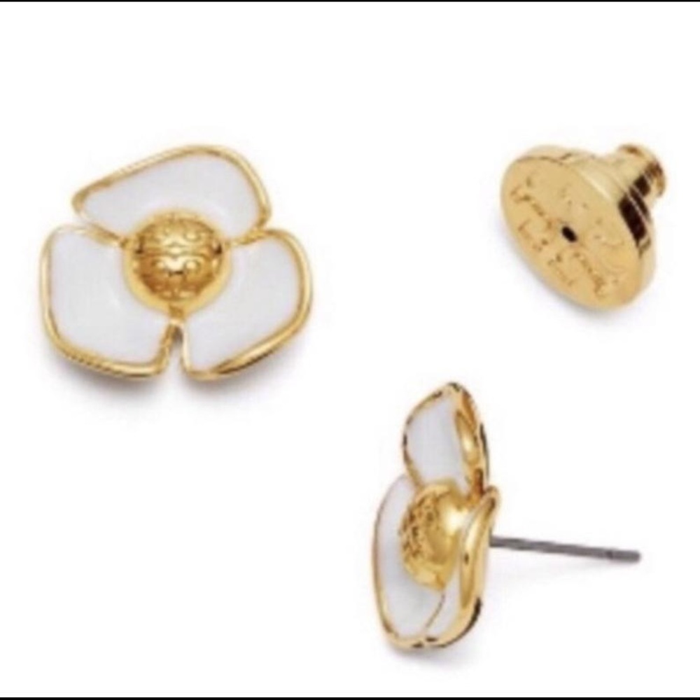 Tory Burch White and Gold Flower Stud Earrings